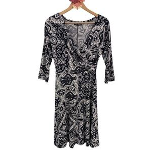 Bella Flore dress navy white abstract print faux wrap knee length a-line small
